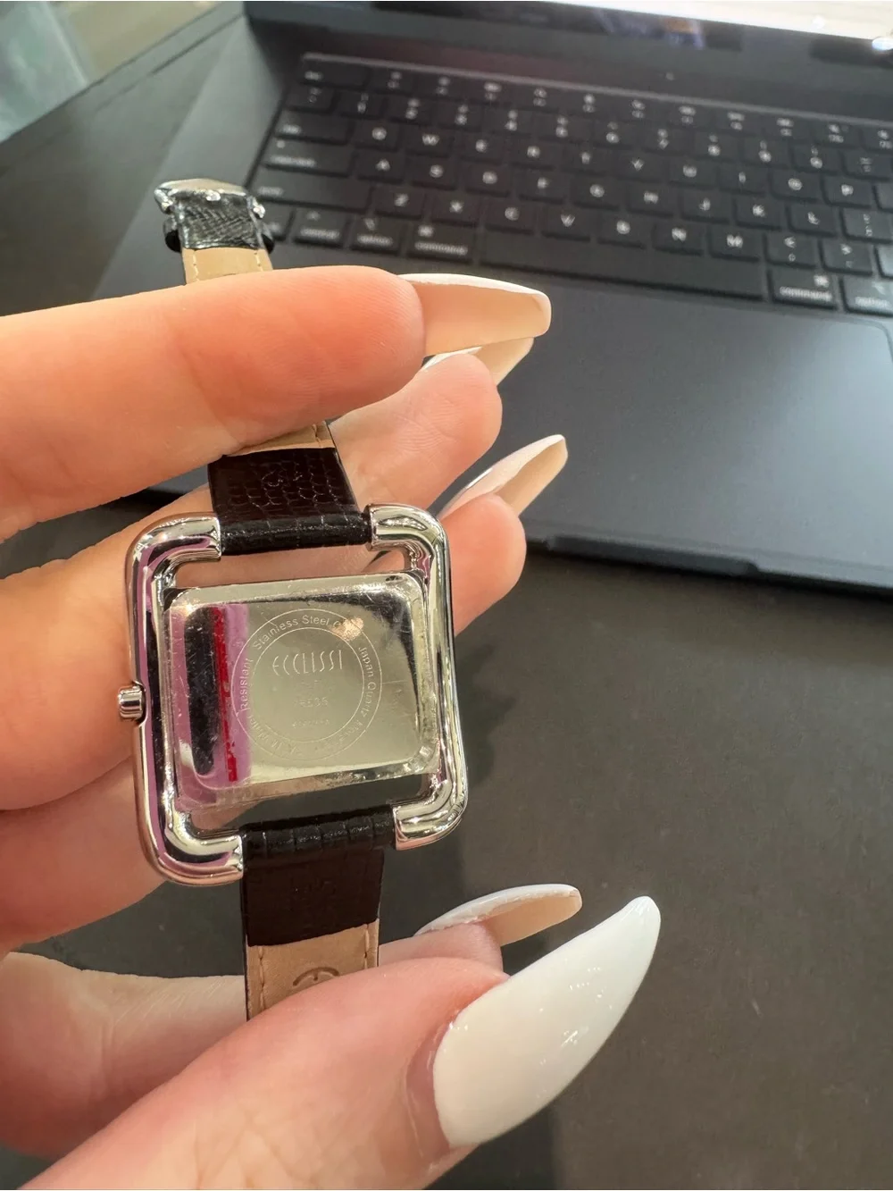 Vintage Ecclissi Silver Square Watch with Red Dial & Black Leather Band